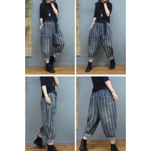 Front Pockets Vertical Striped Pants Womens Cuffed Jeans