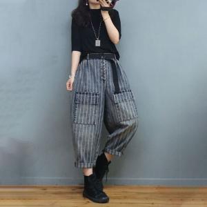 Front Pockets Vertical Striped Pants Womens Cuffed Jeans