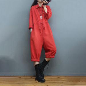 Drawstring Waist Long Sleeves Coveralls Wide Leg Cropped Jumpsuits