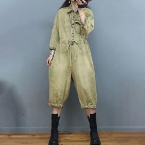 Drawstring Waist Long Sleeves Coveralls Wide Leg Cropped Jumpsuits