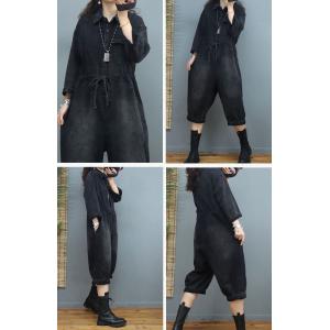 Drawstring Waist Long Sleeves Coveralls Wide Leg Cropped Jumpsuits