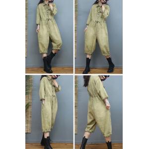 Drawstring Waist Long Sleeves Coveralls Wide Leg Cropped Jumpsuits