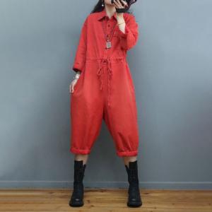 Drawstring Waist Long Sleeves Coveralls Wide Leg Cropped Jumpsuits