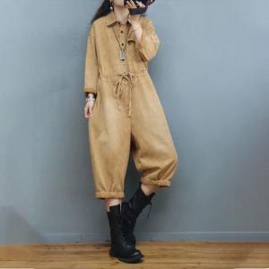 Drawstring Waist Long Sleeves Coveralls Wide Leg Cropped Jumpsuits