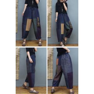 Small Plaid Patchwork Loose Pants Cotton Linen Carrot Pants