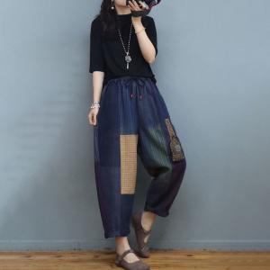 Small Plaid Patchwork Loose Pants Cotton Linen Carrot Pants