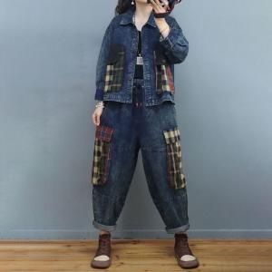 Tartan Pockets Denim Jacket Oversized Short Jacket