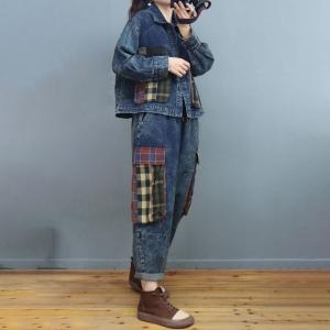 Tartan Pockets Denim Jacket Oversized Short Jacket