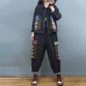 Tartan Pockets Denim Jacket Oversized Short Jacket