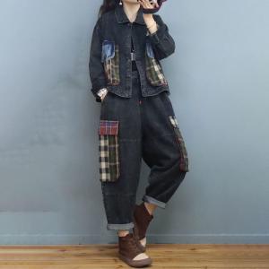 Tartan Pockets Denim Jacket Oversized Short Jacket