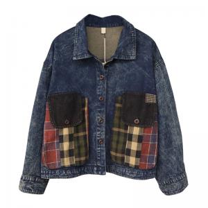 Tartan Pockets Denim Jacket Oversized Short Jacket