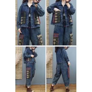 Tartan Pockets Denim Jacket Oversized Short Jacket