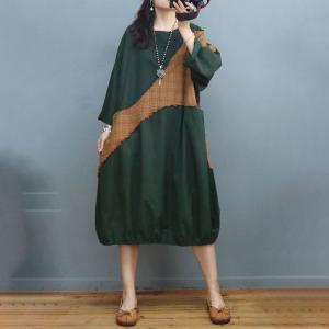 Linen Patchwork Fringed Dress Midi Cotton Plus Size Dress