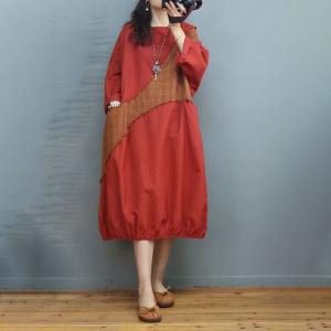 Linen Patchwork Fringed Dress Midi Cotton Plus Size Dress