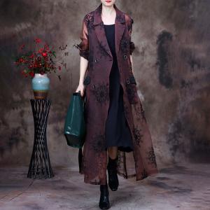 Flowers Embroidery Trench Coat Tied Sheer Coatdress