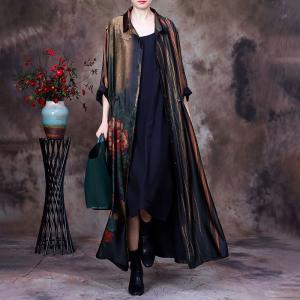 Drawstring Waist Shirt Dress Printed Maxi Trench Coat for Senior Women