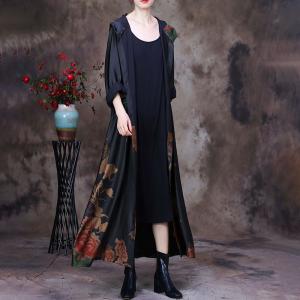 Drawstring Waist Shirt Dress Printed Maxi Trench Coat for Senior Women