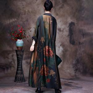 Drawstring Waist Shirt Dress Printed Maxi Trench Coat for Senior Women