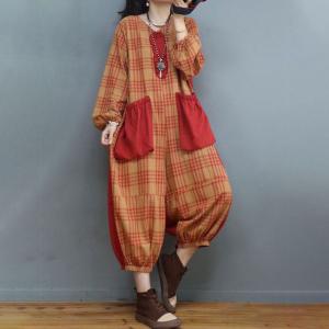 Big Pocket Flax Jumpsuits Flare Sleeves Gingham Jumpsuits