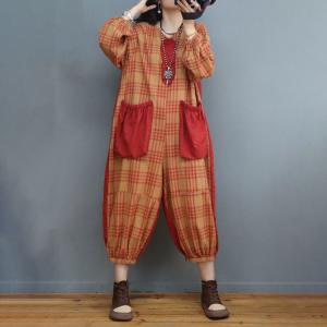 Big Pocket Flax Jumpsuits Flare Sleeves Gingham Jumpsuits