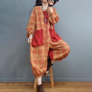 Big Pocket Flax Jumpsuits Flare Sleeves Gingham Jumpsuits