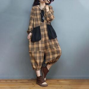 Big Pocket Flax Jumpsuits Flare Sleeves Gingham Jumpsuits