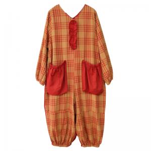 Big Pocket Flax Jumpsuits Flare Sleeves Gingham Jumpsuits