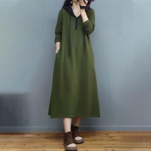 Solid Colors Cotton Hooded Dress Loose Shirt Dress