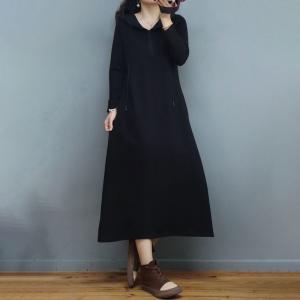 Solid Colors Cotton Hooded Dress Loose Shirt Dress