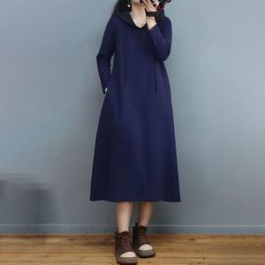 Solid Colors Cotton Hooded Dress Loose Shirt Dress