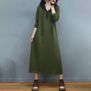 Solid Colors Cotton Hooded Dress Loose Shirt Dress