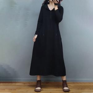 Solid Colors Cotton Hooded Dress Loose Shirt Dress