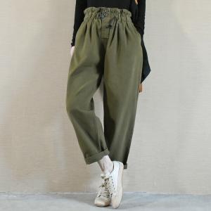 Empire Waist Cotton Army Green Pants Straight Legs Cargo Pants