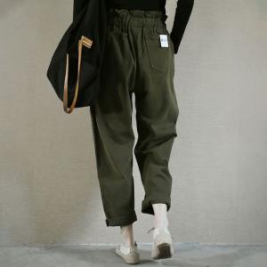 Empire Waist Cotton Army Green Pants Straight Legs Cargo Pants