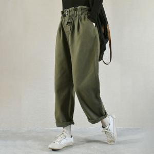 Empire Waist Cotton Army Green Pants Straight Legs Cargo Pants