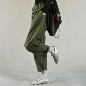 Empire Waist Cotton Army Green Pants Straight Legs Cargo Pants