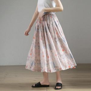 Beach Fashion Printed Pink Skirt Loose Ramie Flare Skirt