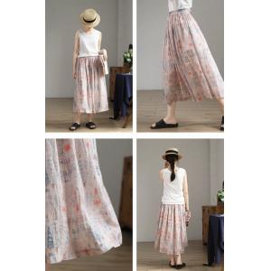 Beach Fashion Printed Pink Skirt Loose Ramie Flare Skirt