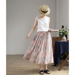 Beach Fashion Printed Pink Skirt Loose Ramie Flare Skirt