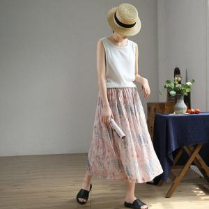 Beach Fashion Printed Pink Skirt Loose Ramie Flare Skirt