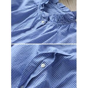 Ruffled Collar Blue Plaid Shirt Cotton Linen Oversized Blouse