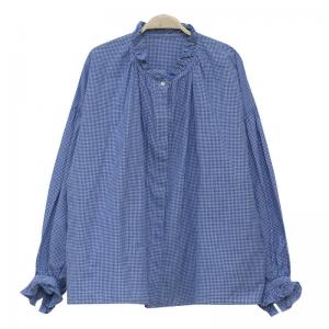 Ruffled Collar Blue Plaid Shirt Cotton Linen Oversized Blouse