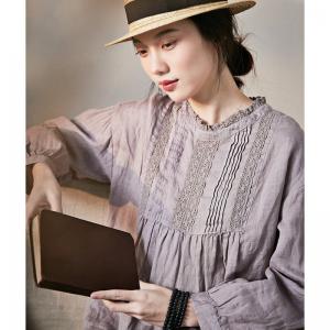 Lace Collar Crochet Blouse Loose Linen Shirt for Women