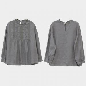 Lace Collar Crochet Blouse Loose Linen Shirt for Women