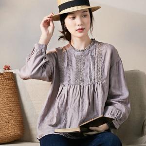 Lace Collar Crochet Blouse Loose Linen Shirt for Women