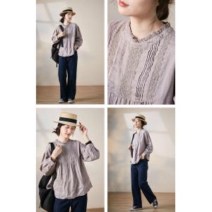 Lace Collar Crochet Blouse Loose Linen Shirt for Women