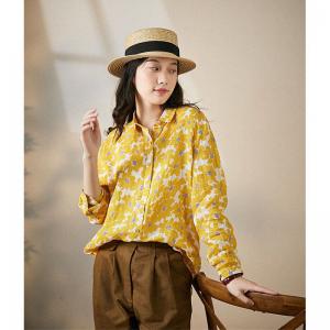 Business Casual Printed Yellow Shirt Long Sleeve Flax Clothing