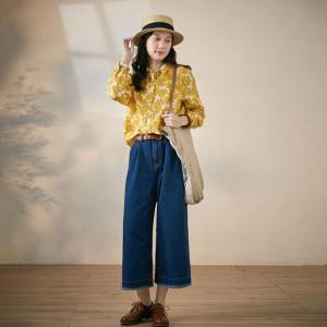 Business Casual Printed Yellow Shirt Long Sleeve Flax Clothing