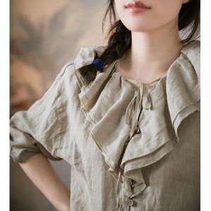 Puff Sleeves Linen Shirt Cute Flouncing Blouse