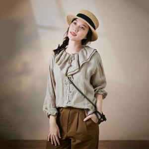 Puff Sleeves Linen Shirt Cute Flouncing Blouse